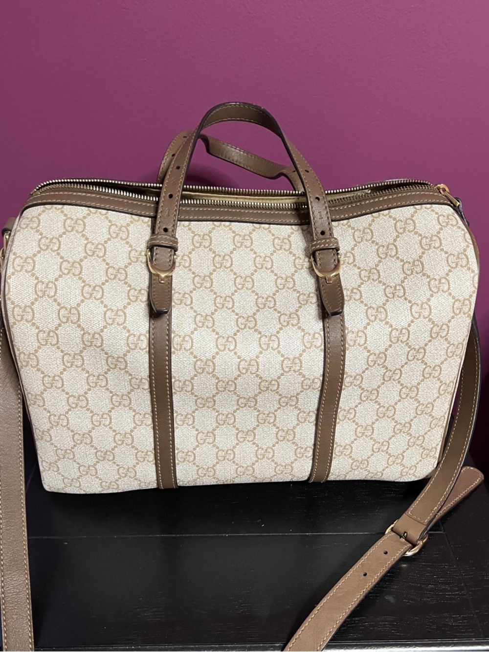 Rare !! Gucci Beige GG supreme canvas boston bag with Brown Leather Trim